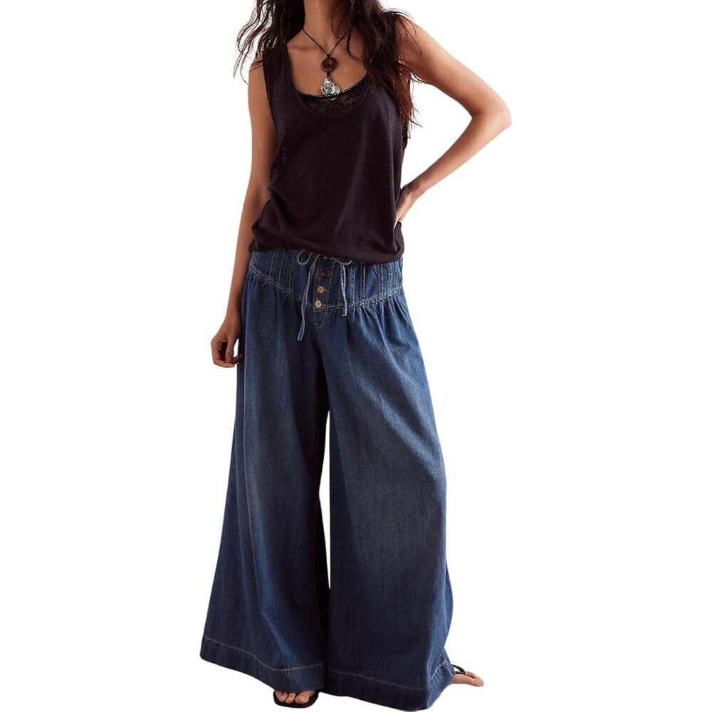 Women Y2K Pleated Baggy Jeans Elastic Waist Wide Leg Denim Pants